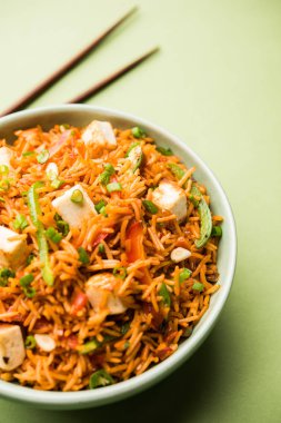 Schezwan paneer kızarmış pilav Szechuan sos ve peynir küpleri ile. bir kase ya da plaka veya tava servis. seçici odak