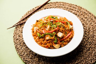 Schezwan paneer kızarmış pilav Szechuan sos ve peynir küpleri ile. bir kase ya da plaka veya tava servis. seçici odak