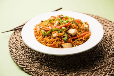 Schezwan paneer kızarmış pilav Szechuan sos ve peynir küpleri ile. bir kase ya da plaka veya tava servis. seçici odak