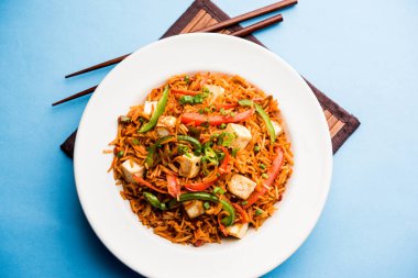 Schezwan paneer kızarmış pilav Szechuan sos ve peynir küpleri ile. bir kase ya da plaka veya tava servis. seçici odak