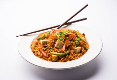 Schezwan paneer kızarmış pilav Szechuan sos ve peynir küpleri ile. bir kase ya da plaka veya tava servis. seçici odak