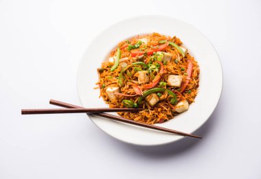 Schezwan paneer kızarmış pilav Szechuan sos ve peynir küpleri ile. bir kase ya da plaka veya tava servis. seçici odak