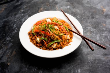 Schezwan paneer kızarmış pilav Szechuan sos ve peynir küpleri ile. bir kase ya da plaka veya tava servis. seçici odak