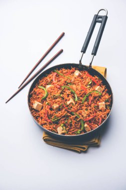 Schezwan paneer kızarmış pilav Szechuan sos ve peynir küpleri ile. bir kase ya da plaka veya tava servis. seçici odak