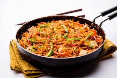 Schezwan paneer kızarmış pilav Szechuan sos ve peynir küpleri ile. bir kase ya da plaka veya tava servis. seçici odak