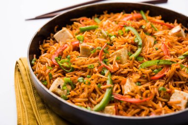 Schezwan paneer kızarmış pilav Szechuan sos ve peynir küpleri ile. bir kase ya da plaka veya tava servis. seçici odak