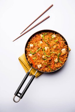 Schezwan paneer kızarmış pilav Szechuan sos ve peynir küpleri ile. bir kase ya da plaka veya tava servis. seçici odak