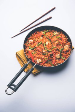 Schezwan paneer kızarmış pilav Szechuan sos ve peynir küpleri ile. bir kase ya da plaka veya tava servis. seçici odak