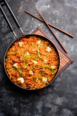 Schezwan paneer kızarmış pilav Szechuan sos ve peynir küpleri ile. bir kase ya da plaka veya tava servis. seçici odak