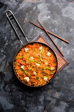 Schezwan paneer kızarmış pilav Szechuan sos ve peynir küpleri ile. bir kase ya da plaka veya tava servis. seçici odak