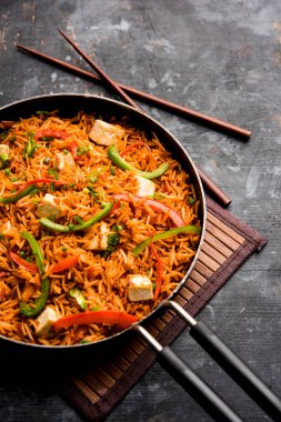 Schezwan paneer kızarmış pilav Szechuan sos ve peynir küpleri ile. bir kase ya da plaka veya tava servis. seçici odak