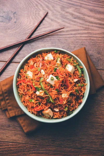 Schezwan paneer kızarmış pilav Szechuan sos ve peynir küpleri ile. bir kase ya da plaka veya tava servis. seçici odak