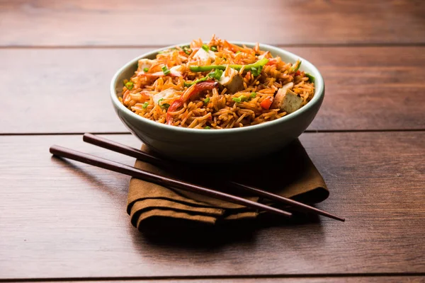 Schezwan paneer kızarmış pilav Szechuan sos ve peynir küpleri ile. bir kase ya da plaka veya tava servis. seçici odak