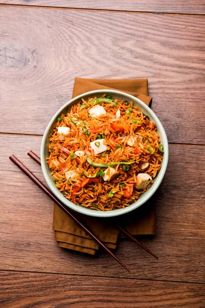 Arroz Frito Paneer Schezwan Com Molho Szechuan Cubos Queijo Cottage — Fotografia de Stock