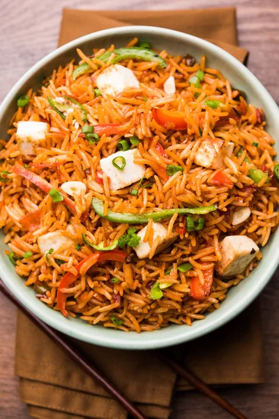 Schezwan paneer kızarmış pilav Szechuan sos ve peynir küpleri ile. bir kase ya da plaka veya tava servis. seçici odak