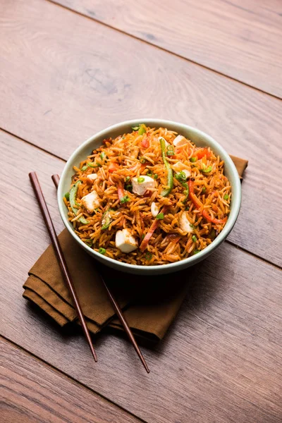 Schezwan paneer kızarmış pilav Szechuan sos ve peynir küpleri ile. bir kase ya da plaka veya tava servis. seçici odak