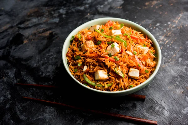 Schezwan paneer kızarmış pilav Szechuan sos ve peynir küpleri ile. bir kase ya da plaka veya tava servis. seçici odak