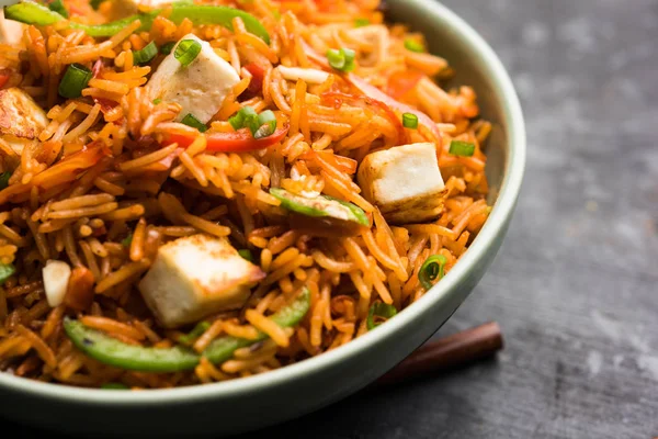 Schezwan paneer kızarmış pilav Szechuan sos ve peynir küpleri ile. bir kase ya da plaka veya tava servis. seçici odak