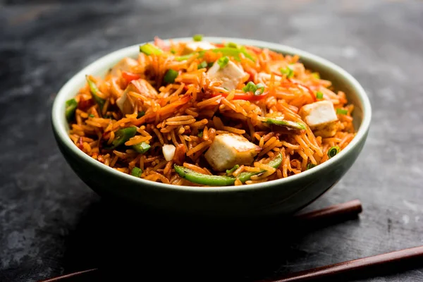 Schezwan paneer kızarmış pilav Szechuan sos ve peynir küpleri ile. bir kase ya da plaka veya tava servis. seçici odak