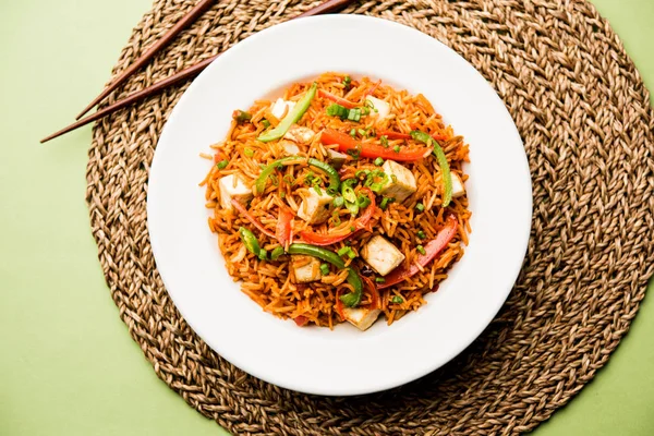 Schezwan paneer kızarmış pilav Szechuan sos ve peynir küpleri ile. bir kase ya da plaka veya tava servis. seçici odak