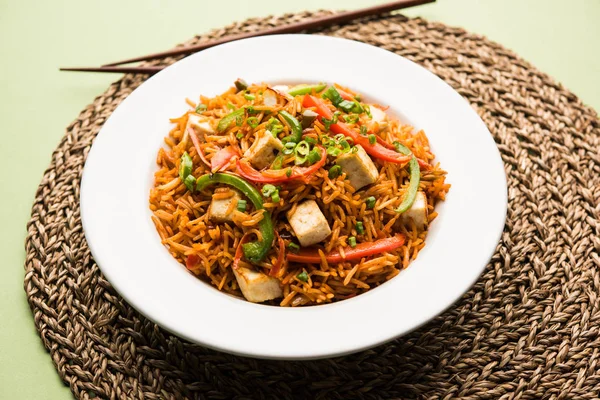 Schezwan paneer kızarmış pilav Szechuan sos ve peynir küpleri ile. bir kase ya da plaka veya tava servis. seçici odak