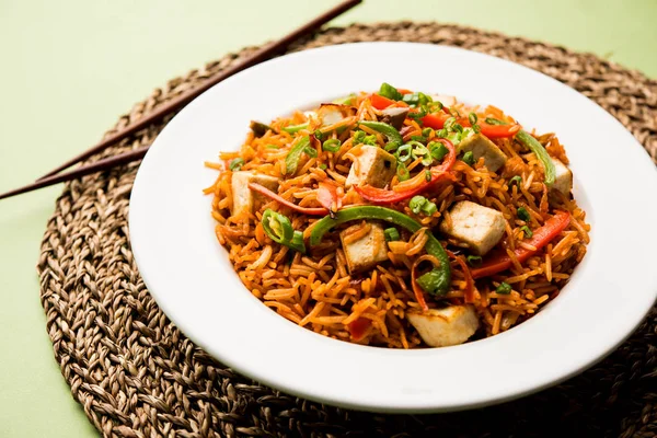 Schezwan paneer kızarmış pilav Szechuan sos ve peynir küpleri ile. bir kase ya da plaka veya tava servis. seçici odak