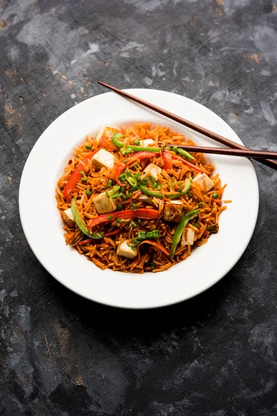 Schezwan paneer kızarmış pilav Szechuan sos ve peynir küpleri ile. bir kase ya da plaka veya tava servis. seçici odak