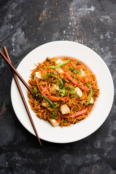 Schezwan paneer kızarmış pilav Szechuan sos ve peynir küpleri ile. bir kase ya da plaka veya tava servis. seçici odak