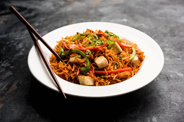 Schezwan paneer kızarmış pilav Szechuan sos ve peynir küpleri ile. bir kase ya da plaka veya tava servis. seçici odak