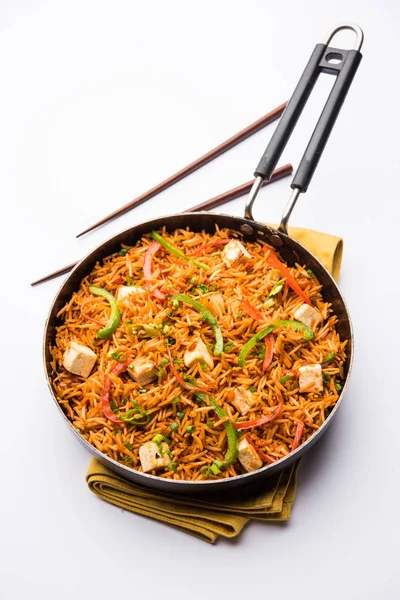 Schezwan paneer kızarmış pilav Szechuan sos ve peynir küpleri ile. bir kase ya da plaka veya tava servis. seçici odak