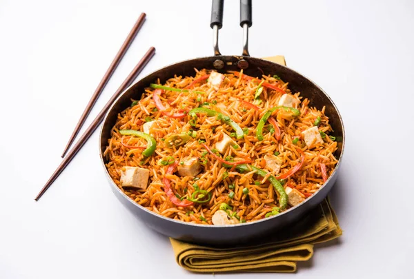 Schezwan paneer kızarmış pilav Szechuan sos ve peynir küpleri ile. bir kase ya da plaka veya tava servis. seçici odak