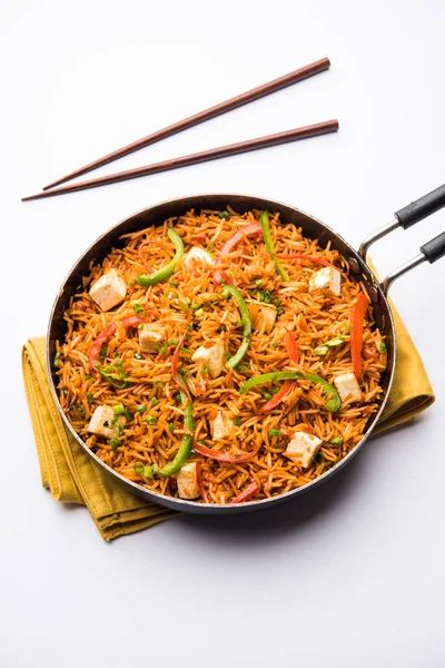 Schezwan paneer kızarmış pilav Szechuan sos ve peynir küpleri ile. bir kase ya da plaka veya tava servis. seçici odak