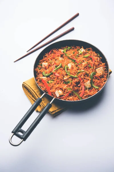 Schezwan paneer kızarmış pilav Szechuan sos ve peynir küpleri ile. bir kase ya da plaka veya tava servis. seçici odak