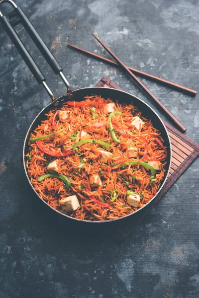 Schezwan paneer kızarmış pilav Szechuan sos ve peynir küpleri ile. bir kase ya da plaka veya tava servis. seçici odak