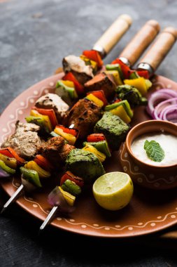 Hariyali kakab tavuk mu ile hizmet Malai Kebap şişleri ve yoğurt dip bir tabak içinde. seçici odak