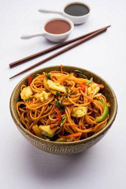 Yumurta Schezwan / hakka erişte, popüler indochinese gıda yemek çubukları ile bir kase servis edilir. seçici odaklama