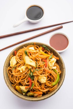 Yumurta Schezwan / hakka erişte, popüler indochinese gıda yemek çubukları ile bir kase servis edilir. seçici odaklama