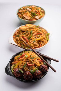 Mançurya Hakka / Schezwan erişte tavuk ve yumurta ile, popüler indochinese gıda bir kase servis edilir. seçici odaklama