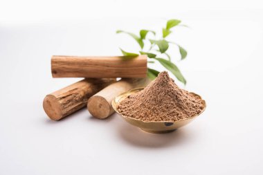 Chandan or sandalwood powder with sticks and green leaves clipart