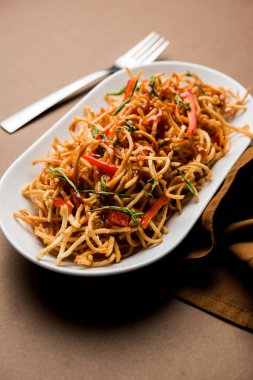 Çin Bhel baharatlı bir indo-çin tarifi, bir kase de servis edilir. seçici odaklama