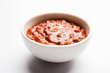 Schezwan Sosu / Szechuan turşusu Çin tarifinin önemli bir bileşenidir. Bir kasede servis edilir, izole edilmiş. seçici odak