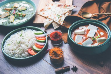 Palak Paneer ve Paneer-tereyağı masala öğle yemeği için popüler bir Kuzey Hint tarifi / akşam yemeği ana ingradient olarak süzme peynir kullanılarak yapılan. genellikle Rice ve chapati / naan ile servis edilir. seçici odaklama