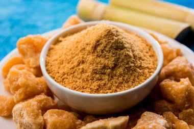 Organik Gur veya Jggery Toz konsantre şeker kamışı suyu elde rafine edilmemiş şekerdir. bir kase de servis edilir. seçici odaklama