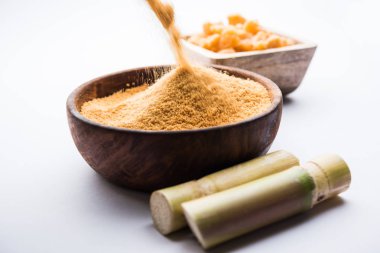 Organik Gur veya Jggery Toz konsantre şeker kamışı suyu elde rafine edilmemiş şekerdir. bir kase de servis edilir. seçici odaklama