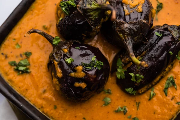 Baingan Masala Eggplant Brinjal Curry Served Bowl Pan Selective Focus — Stock Photo, Image