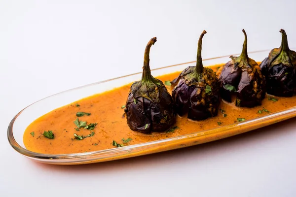 Baingan Masala Eggplant Brinjal Curry Served Bowl Pan Selective Focus — Stock Photo, Image