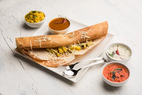 Queso Masala Dosa Receta Con Sambar Chutney Enfoque Selectivo — Foto de Stock