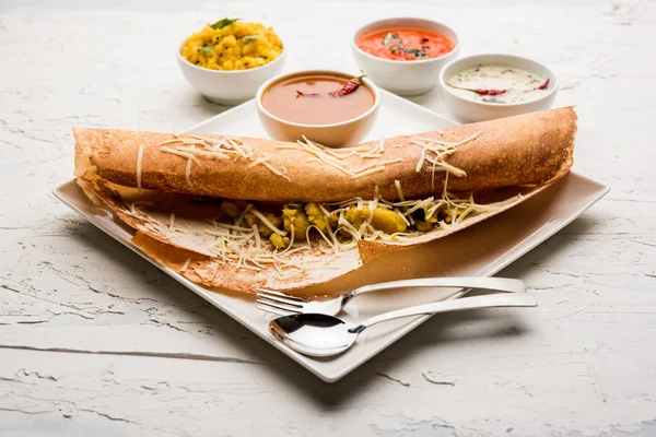 Ricetta Masala Dosa Formaggio Con Sambar Chutney Focus Selettivo — Foto Stock