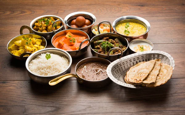 Assorted Indian Food Paneer Butter Masala Dal Makhani Roti Rice — Stock Photo, Image