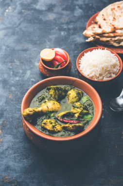 palak/ıspanaklı tavuk veya Murg saagwala naan ve pirinç ile bir kase hizmet